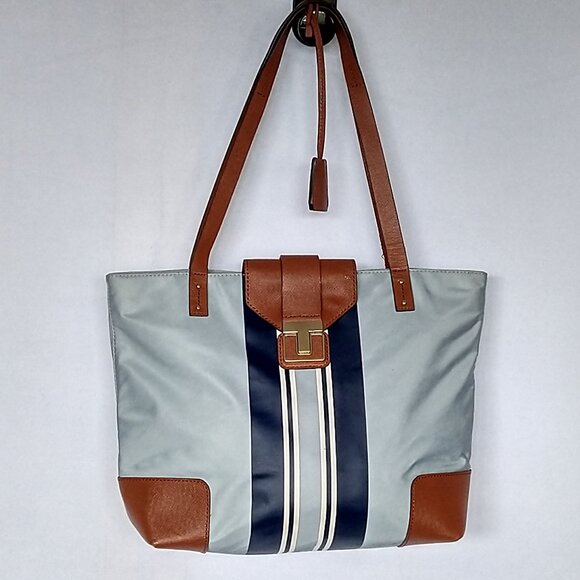 Tory Burch Handbags - Tory Burch Penn Nylon Leather Tote Bag Purse Lt Blue Navy Key Ring